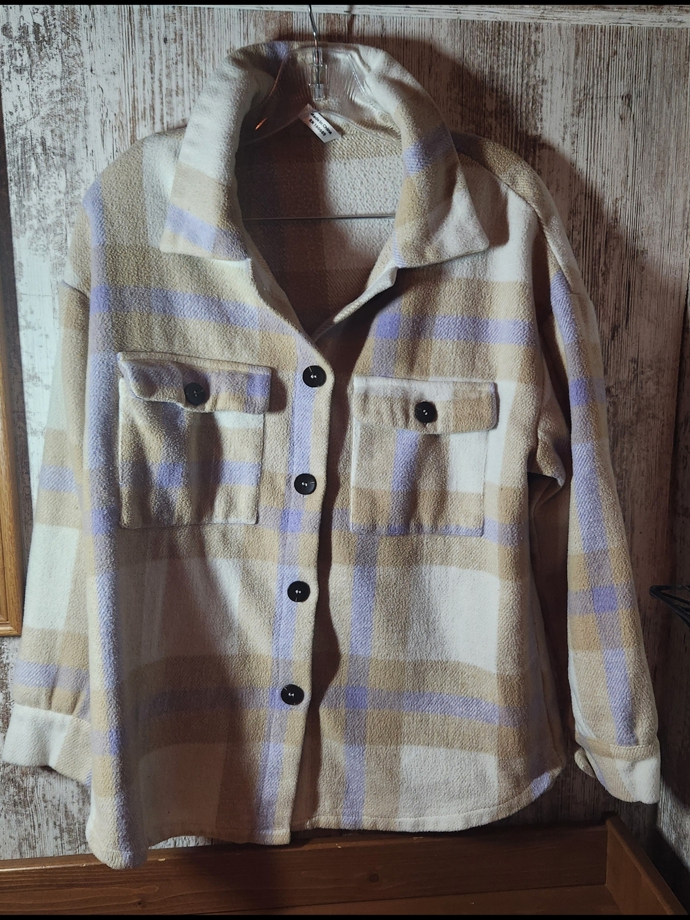 ePretty Chicago Tan Beige Plaid Jacket Shirt with Pale Lavender Purple Accents
